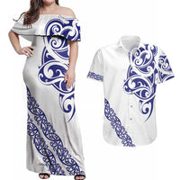 All White Maori Tribal Tattoo Personalised Couples Matching Off Shoulder Maxi Dress and Hawaiian Shirt Dark Blue Polynesian Style LT9 Blue - Polynesian Pride