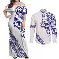 All White Maori Tribal Tattoo Personalised Couples Matching Off Shoulder Maxi Dress and Long Sleeve Button Shirt Dark Blue Polynesian Style LT9 Blue - Polynesian Pride