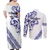 All White Maori Tribal Tattoo Personalised Couples Matching Off Shoulder Maxi Dress and Long Sleeve Button Shirt Dark Blue Polynesian Style LT9 - Polynesian Pride