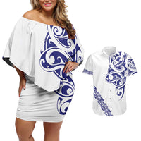 All White Maori Tribal Tattoo Personalised Couples Matching Off Shoulder Short Dress and Hawaiian Shirt Dark Blue Polynesian Style LT9 Blue - Polynesian Pride