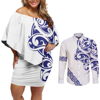 All White Maori Tribal Tattoo Personalised Couples Matching Off Shoulder Short Dress and Long Sleeve Button Shirt Dark Blue Polynesian Style LT9 Blue - Polynesian Pride