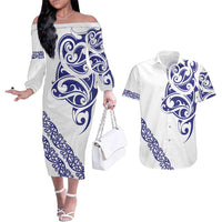 All White Maori Tribal Tattoo Personalised Couples Matching Off The Shoulder Long Sleeve Dress and Hawaiian Shirt Dark Blue Polynesian Style LT9 Blue - Polynesian Pride