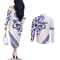 All White Maori Tribal Tattoo Personalised Couples Matching Off The Shoulder Long Sleeve Dress and Long Sleeve Button Shirt Dark Blue Polynesian Style LT9 - Polynesian Pride