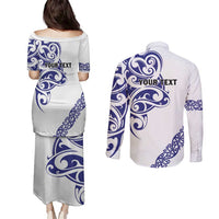 All White Maori Tribal Tattoo Personalised Couples Matching Puletasi and Long Sleeve Button Shirt Dark Blue Polynesian Style LT9 - Polynesian Pride