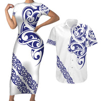 All White Maori Tribal Tattoo Personalised Couples Matching Short Sleeve Bodycon Dress and Hawaiian Shirt Dark Blue Polynesian Style LT9 Blue - Polynesian Pride
