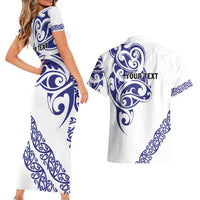 All White Maori Tribal Tattoo Personalised Couples Matching Short Sleeve Bodycon Dress and Hawaiian Shirt Dark Blue Polynesian Style LT9 - Polynesian Pride