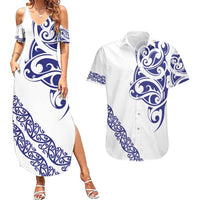 All White Maori Tribal Tattoo Personalised Couples Matching Summer Maxi Dress and Hawaiian Shirt Dark Blue Polynesian Style LT9 Blue - Polynesian Pride
