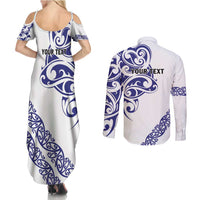 All White Maori Tribal Tattoo Personalised Couples Matching Summer Maxi Dress and Long Sleeve Button Shirt Dark Blue Polynesian Style LT9 - Polynesian Pride