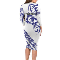 All White Maori Tribal Tattoo Personalised Family Matching Long Sleeve Bodycon Dress and Hawaiian Shirt Dark Blue Polynesian Style LT9 - Polynesian Pride