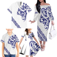 All White Maori Tribal Tattoo Personalised Family Matching Off The Shoulder Long Sleeve Dress and Hawaiian Shirt Dark Blue Polynesian Style LT9 - Polynesian Pride