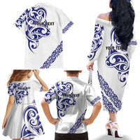 All White Maori Tribal Tattoo Personalised Family Matching Off The Shoulder Long Sleeve Dress and Hawaiian Shirt Dark Blue Polynesian Style LT9 - Polynesian Pride