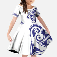 All White Maori Tribal Tattoo Personalised Family Matching Off Shoulder Maxi Dress and Hawaiian Shirt Dark Blue Polynesian Style LT9 Daughter's Dress Blue - Polynesian Pride