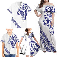 All White Maori Tribal Tattoo Personalised Family Matching Off Shoulder Maxi Dress and Hawaiian Shirt Dark Blue Polynesian Style LT9 - Polynesian Pride