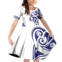 All White Maori Tribal Tattoo Personalised Family Matching Off Shoulder Short Dress and Hawaiian Shirt Dark Blue Polynesian Style LT9 Daughter's Dress Blue - Polynesian Pride