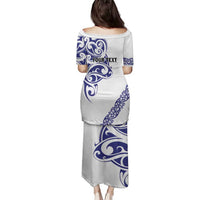 All White Maori Tribal Tattoo Personalised Family Matching Puletasi and Hawaiian Shirt Dark Blue Polynesian Style LT9 - Polynesian Pride