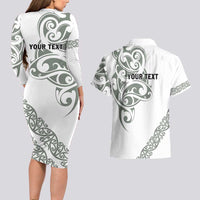All White Maori Tribal Tattoo Personalised Couples Matching Long Sleeve Bodycon Dress and Hawaiian Shirt Moss Green Polynesian Style LT9 - Polynesian Pride