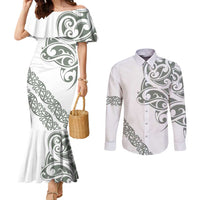 All White Maori Tribal Tattoo Personalised Couples Matching Mermaid Dress and Long Sleeve Button Shirt Moss Green Polynesian Style LT9 Green - Polynesian Pride
