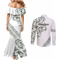 All White Maori Tribal Tattoo Personalised Couples Matching Mermaid Dress and Long Sleeve Button Shirt Moss Green Polynesian Style LT9 - Polynesian Pride