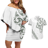 All White Maori Tribal Tattoo Personalised Couples Matching Off Shoulder Short Dress and Hawaiian Shirt Moss Green Polynesian Style LT9 Green - Polynesian Pride