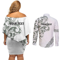 All White Maori Tribal Tattoo Personalised Couples Matching Off Shoulder Short Dress and Long Sleeve Button Shirt Moss Green Polynesian Style LT9 - Polynesian Pride