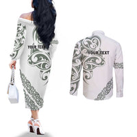 All White Maori Tribal Tattoo Personalised Couples Matching Off The Shoulder Long Sleeve Dress and Long Sleeve Button Shirt Moss Green Polynesian Style LT9 - Polynesian Pride