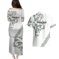 All White Maori Tribal Tattoo Personalised Couples Matching Puletasi and Hawaiian Shirt Moss Green Polynesian Style LT9 - Polynesian Pride