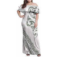 All White Maori Tribal Tattoo Personalised Family Matching Off Shoulder Maxi Dress and Hawaiian Shirt Moss Green Polynesian Style LT9 Mom's Dress Green - Polynesian Pride