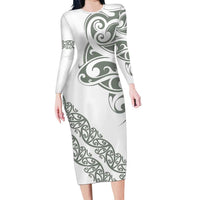 All White Maori Tribal Tattoo Personalised Long Sleeve Bodycon Dress Moss Green Polynesian Style LT9 Long Dress Green - Polynesian Pride