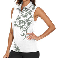 All White Maori Tribal Tattoo Personalised Women Sleeveless Polo Shirt Moss Green Polynesian Style LT9 - Polynesian Pride