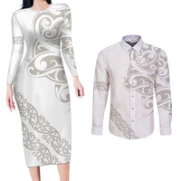 All White Maori Tribal Tattoo Personalised Couples Matching Long Sleeve Bodycon Dress and Long Sleeve Button Shirt Stone Gray Polynesian Style LT9 Gray - Polynesian Pride