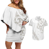 All White Maori Tribal Tattoo Personalised Couples Matching Off Shoulder Short Dress and Hawaiian Shirt Stone Gray Polynesian Style LT9 Gray - Polynesian Pride