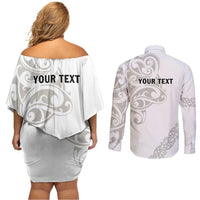 All White Maori Tribal Tattoo Personalised Couples Matching Off Shoulder Short Dress and Long Sleeve Button Shirt Stone Gray Polynesian Style LT9 - Polynesian Pride