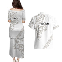 All White Maori Tribal Tattoo Personalised Couples Matching Puletasi and Hawaiian Shirt Stone Gray Polynesian Style LT9 - Polynesian Pride