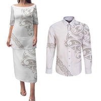 All White Maori Tribal Tattoo Personalised Couples Matching Puletasi and Long Sleeve Button Shirt Stone Gray Polynesian Style LT9 Gray - Polynesian Pride