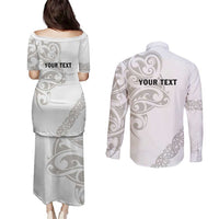 All White Maori Tribal Tattoo Personalised Couples Matching Puletasi and Long Sleeve Button Shirt Stone Gray Polynesian Style LT9 - Polynesian Pride
