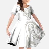 All White Maori Tribal Tattoo Personalised Family Matching Off The Shoulder Long Sleeve Dress and Hawaiian Shirt Stone Gray Polynesian Style LT9 Daughter's Dress Gray - Polynesian Pride