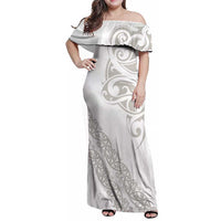 All White Maori Tribal Tattoo Personalised Family Matching Off Shoulder Maxi Dress and Hawaiian Shirt Stone Gray Polynesian Style LT9 Mom's Dress Gray - Polynesian Pride