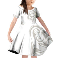 All White Maori Tribal Tattoo Personalised Family Matching Off Shoulder Short Dress and Hawaiian Shirt Stone Gray Polynesian Style LT9 Daughter's Dress Gray - Polynesian Pride
