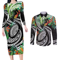 Polynesian Pacific Rugby Tribal Couples Matching Long Sleeve Bodycon Dress and Long Sleeve Button Shirt Tropical Vibe LT9 Black - Polynesian Pride