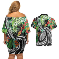 Polynesian Pacific Rugby Tribal Couples Matching Off Shoulder Short Dress and Hawaiian Shirt Tropical Vibe LT9 - Polynesian Pride