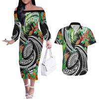 Polynesian Pacific Rugby Tribal Couples Matching Off The Shoulder Long Sleeve Dress and Hawaiian Shirt Tropical Vibe LT9 Black - Polynesian Pride
