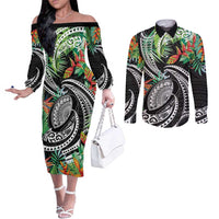 Polynesian Pacific Rugby Tribal Couples Matching Off The Shoulder Long Sleeve Dress and Long Sleeve Button Shirt Tropical Vibe LT9 Black - Polynesian Pride