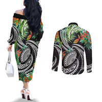 Polynesian Pacific Rugby Tribal Couples Matching Off The Shoulder Long Sleeve Dress and Long Sleeve Button Shirt Tropical Vibe LT9 - Polynesian Pride