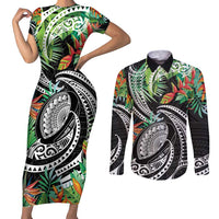 Polynesian Pacific Rugby Tribal Couples Matching Short Sleeve Bodycon Dress and Long Sleeve Button Shirt Tropical Vibe LT9 Black - Polynesian Pride