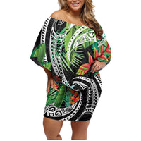 Polynesian Pacific Rugby Tribal Family Matching Off Shoulder Short Dress and Hawaiian Shirt Tropical Vibe LT9 Mom's Dress Black - Polynesian Pride
