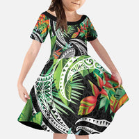 Polynesian Pacific Rugby Tribal Family Matching Short Sleeve Bodycon Dress and Hawaiian Shirt Tropical Vibe LT9 Daughter's Dress Black - Polynesian Pride