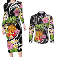 Hau'oli Makahiki Hou Couples Matching Long Sleeve Bodycon Dress and Long Sleeve Button Shirt Aloha Pineapple Tropical Vibe LT9 Black - Polynesian Pride