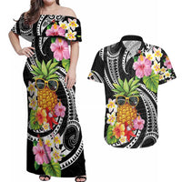 Hau'oli Makahiki Hou Couples Matching Off Shoulder Maxi Dress and Hawaiian Shirt Aloha Pineapple Tropical Vibe LT9 Black - Polynesian Pride