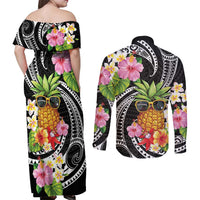 Hau'oli Makahiki Hou Couples Matching Off Shoulder Maxi Dress and Long Sleeve Button Shirt Aloha Pineapple Tropical Vibe LT9 - Polynesian Pride