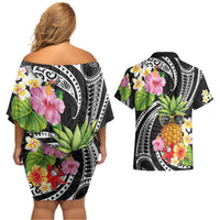 Hau'oli Makahiki Hou Couples Matching Off Shoulder Short Dress and Hawaiian Shirt Aloha Pineapple Tropical Vibe LT9 - Polynesian Pride